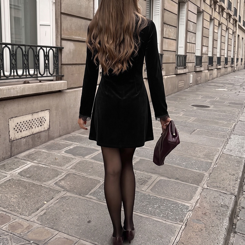 Women's Black Velvet Long Sleeve Mini Dress