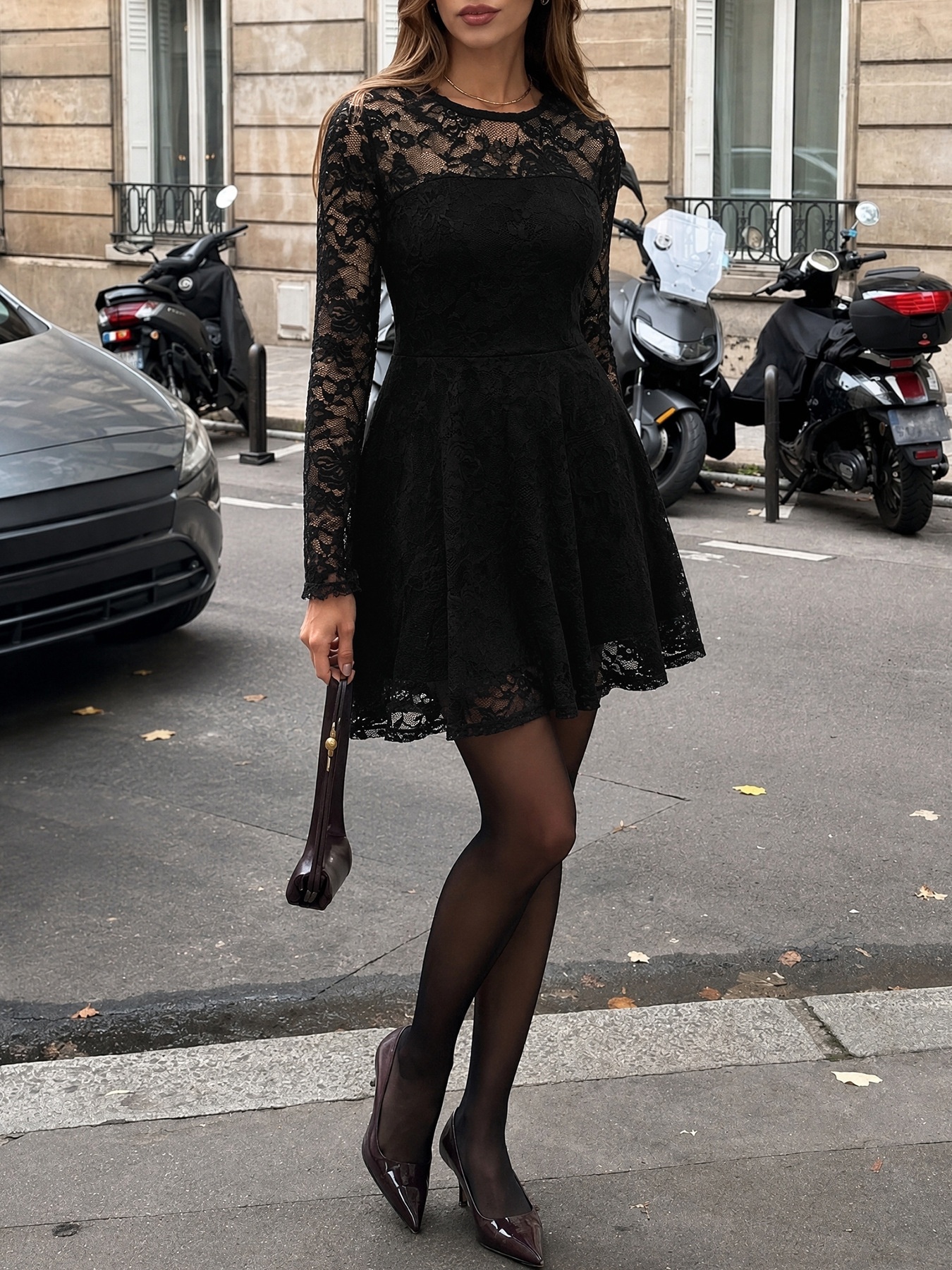 Women's Black Floral Lace Long Sleeve A-Line Mini Dress