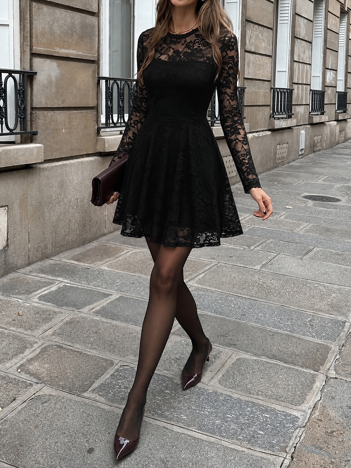 Women's Black Floral Lace Long Sleeve A-Line Mini Dress