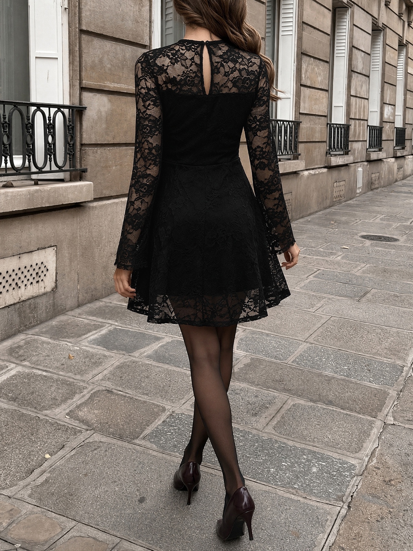 Women's Black Floral Lace Long Sleeve A-Line Mini Dress