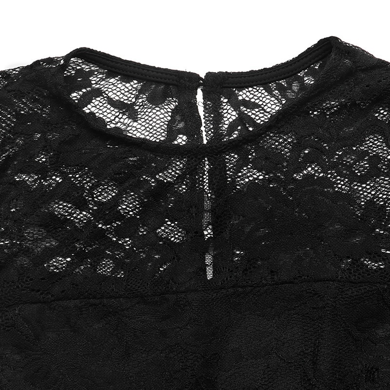 Women's Black Floral Lace Long Sleeve A-Line Mini Dress