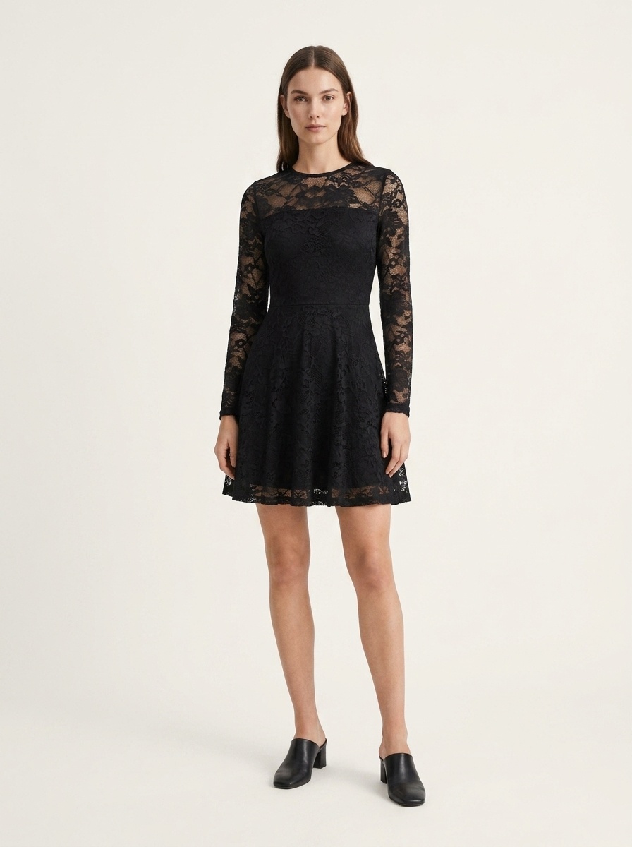 Women's Black Floral Lace Long Sleeve A-Line Mini Dress