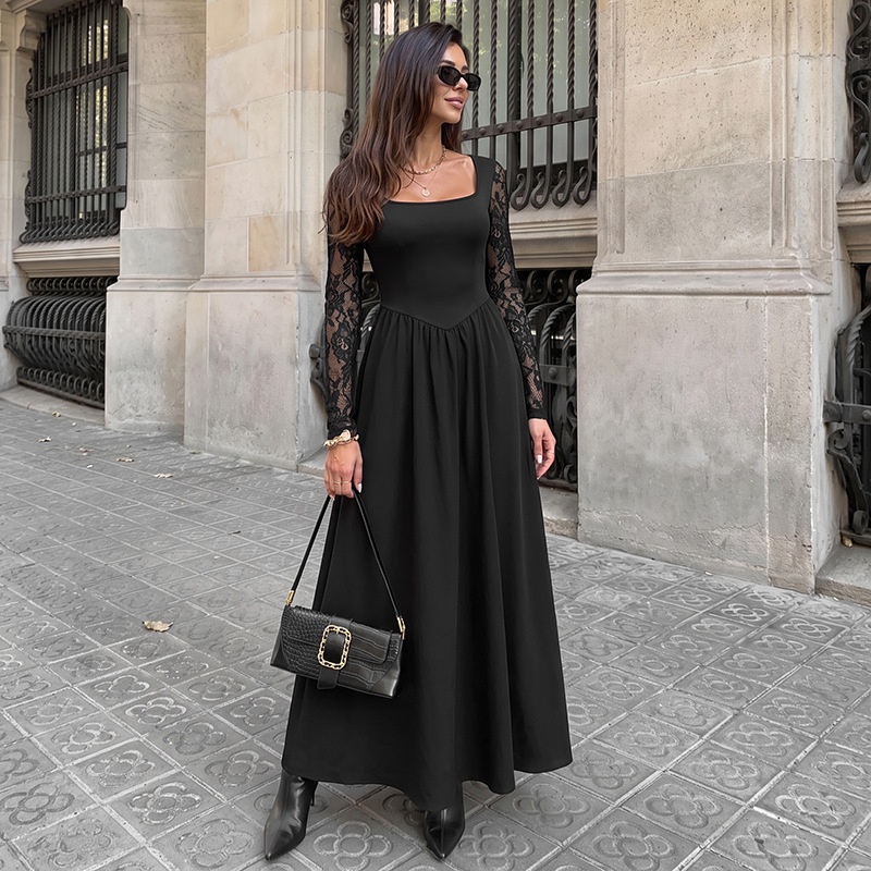 Women's Black Square Neck Lace Sleeve Maxi Dress
