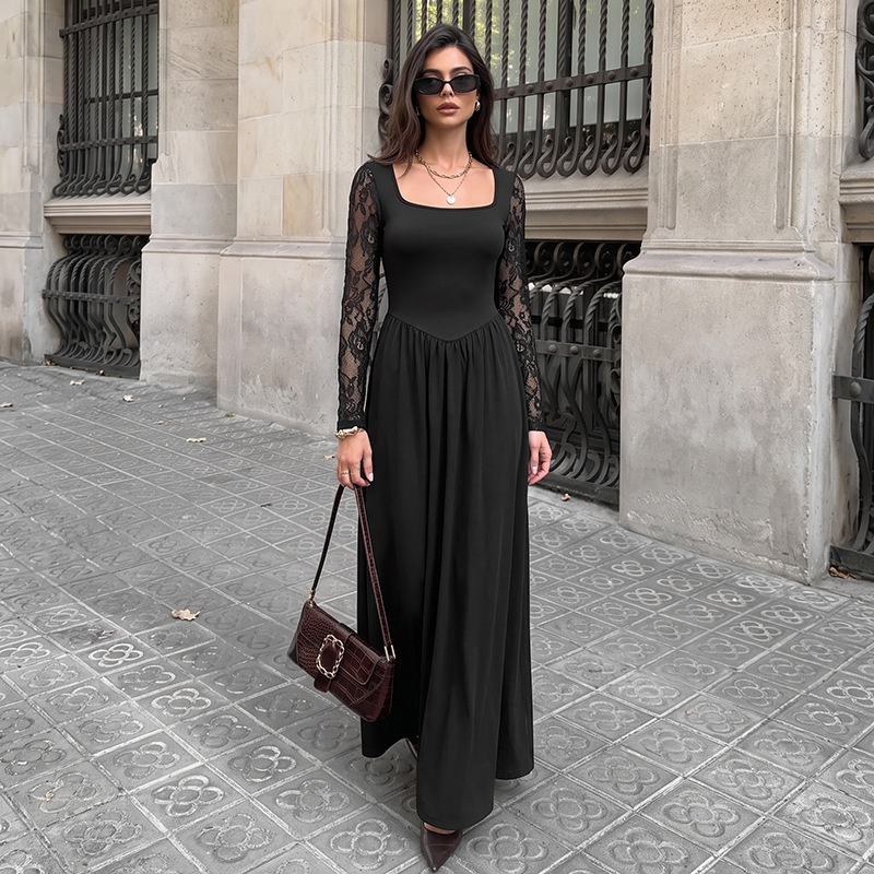 Women's Black Square Neck Lace Sleeve Maxi Dress