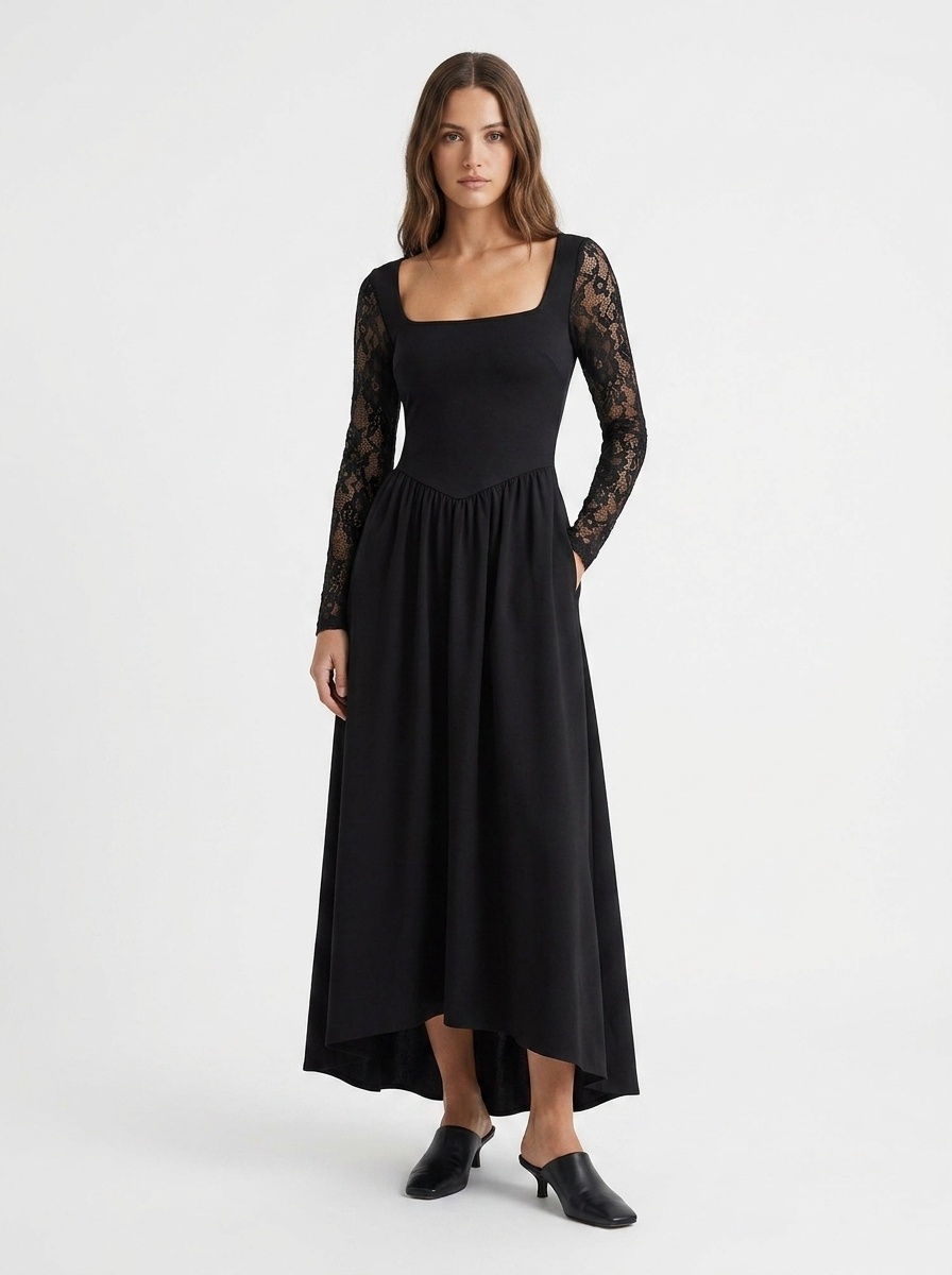 Women's Black Square Neck Lace Sleeve Maxi Dress