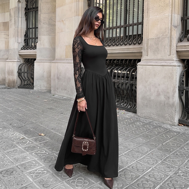 Women's Black Square Neck Lace Sleeve Maxi Dress