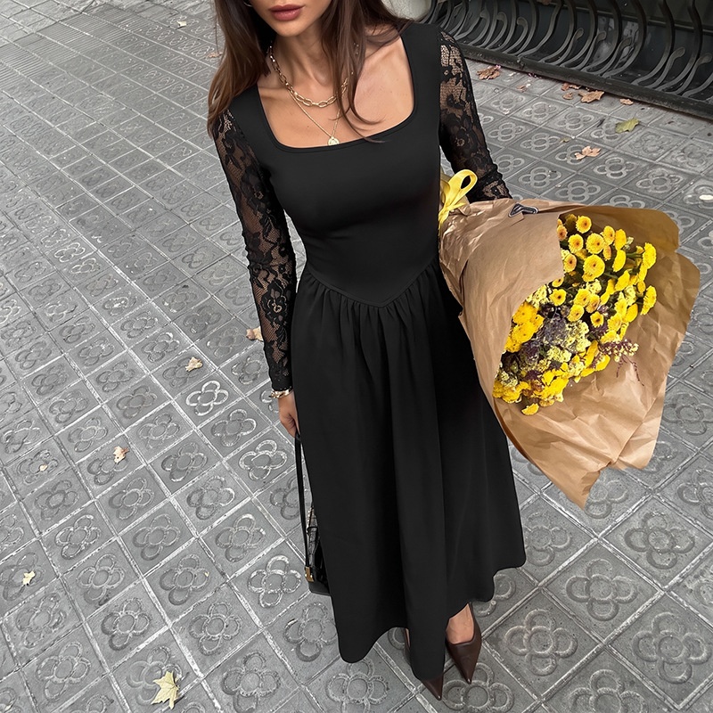 Women's Black Square Neck Lace Sleeve Maxi Dress