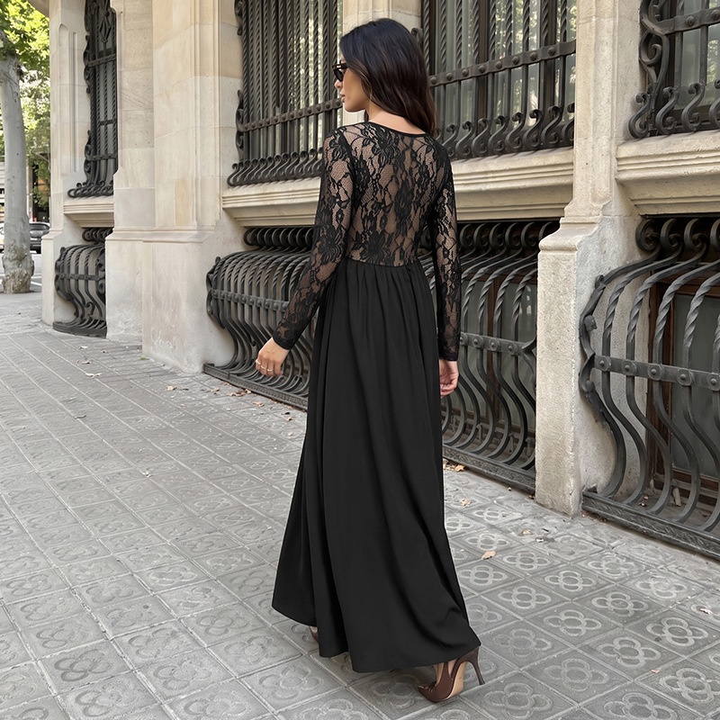 Women's Black Square Neck Lace Sleeve Maxi Dress