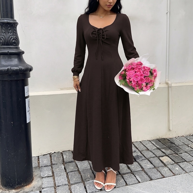 Lace-Up Long Sleeve Textured Maxi Dress in Dark Brown