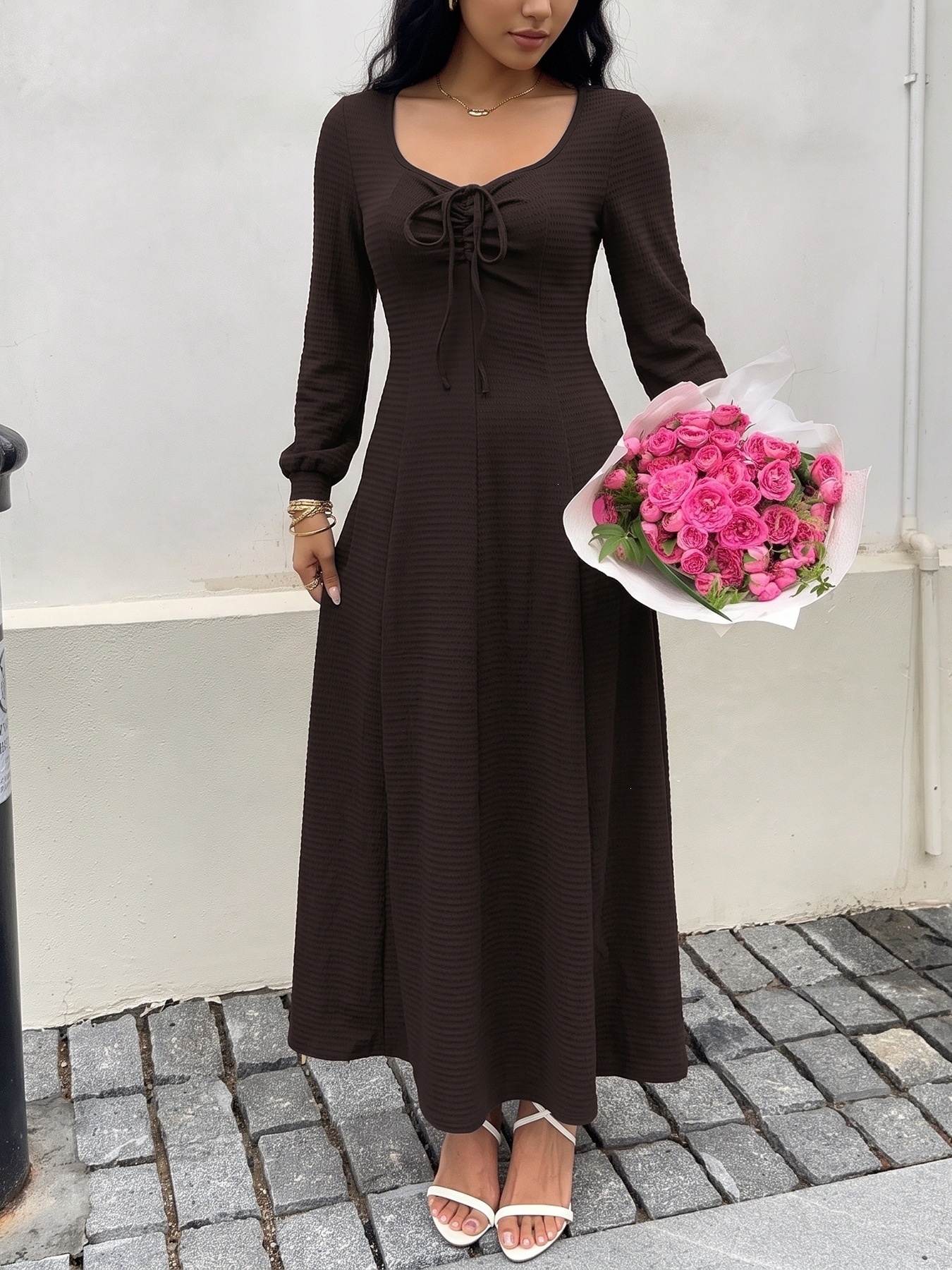 Lace-Up Long Sleeve Textured Maxi Dress in Dark Brown