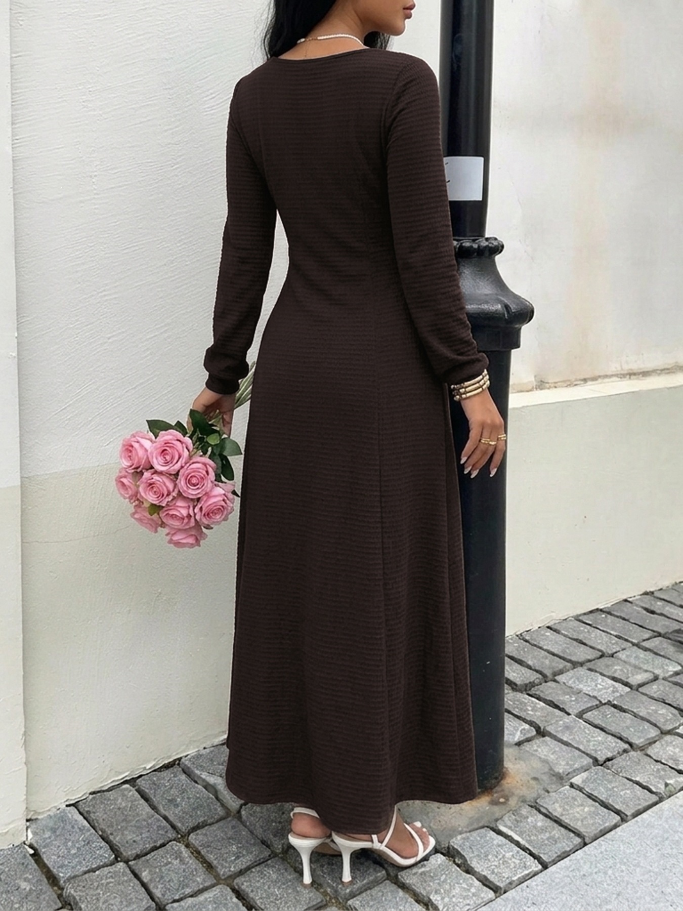 Lace-Up Long Sleeve Textured Maxi Dress in Dark Brown