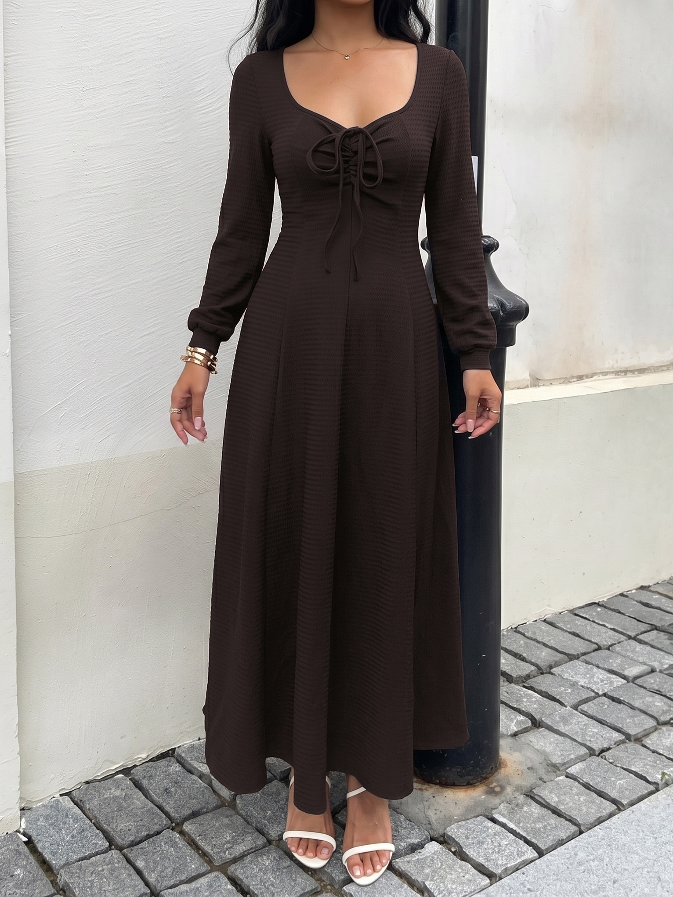 Lace-Up Long Sleeve Textured Maxi Dress in Dark Brown