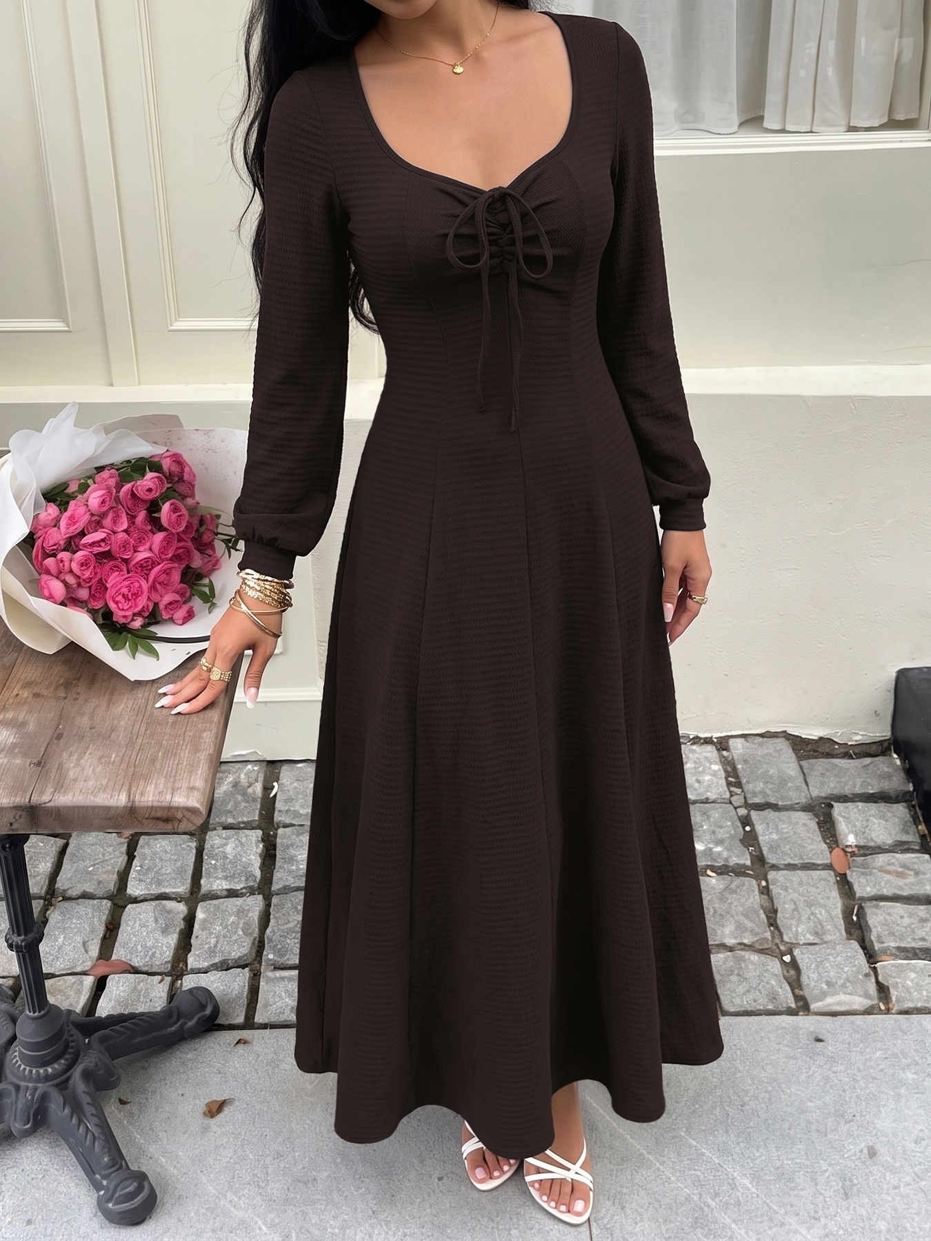 Lace-Up Long Sleeve Textured Maxi Dress in Dark Brown