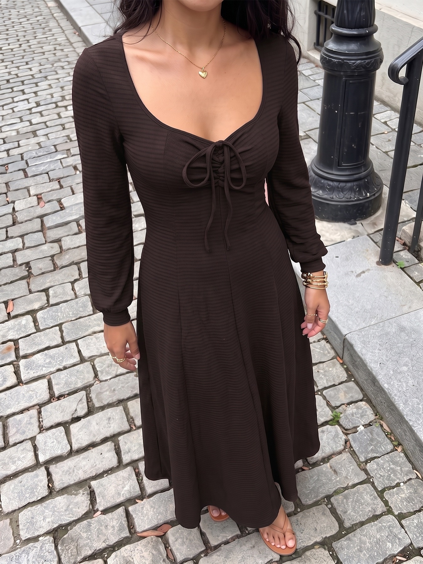 Lace-Up Long Sleeve Textured Maxi Dress in Dark Brown
