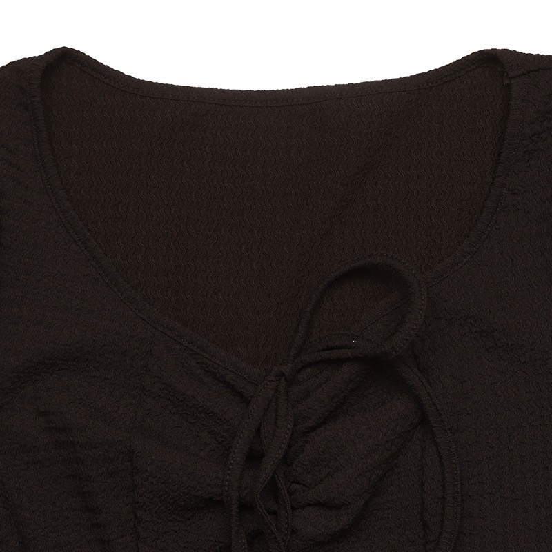 Lace-Up Long Sleeve Textured Maxi Dress in Dark Brown