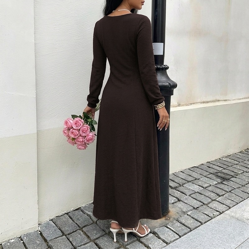 Lace-Up Long Sleeve Textured Maxi Dress in Dark Brown