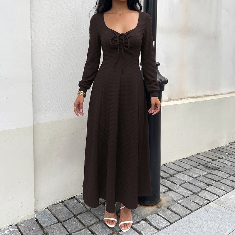 Lace-Up Long Sleeve Textured Maxi Dress in Dark Brown