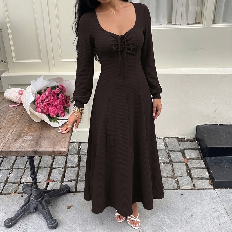 Lace-Up Long Sleeve Textured Maxi Dress in Dark Brown