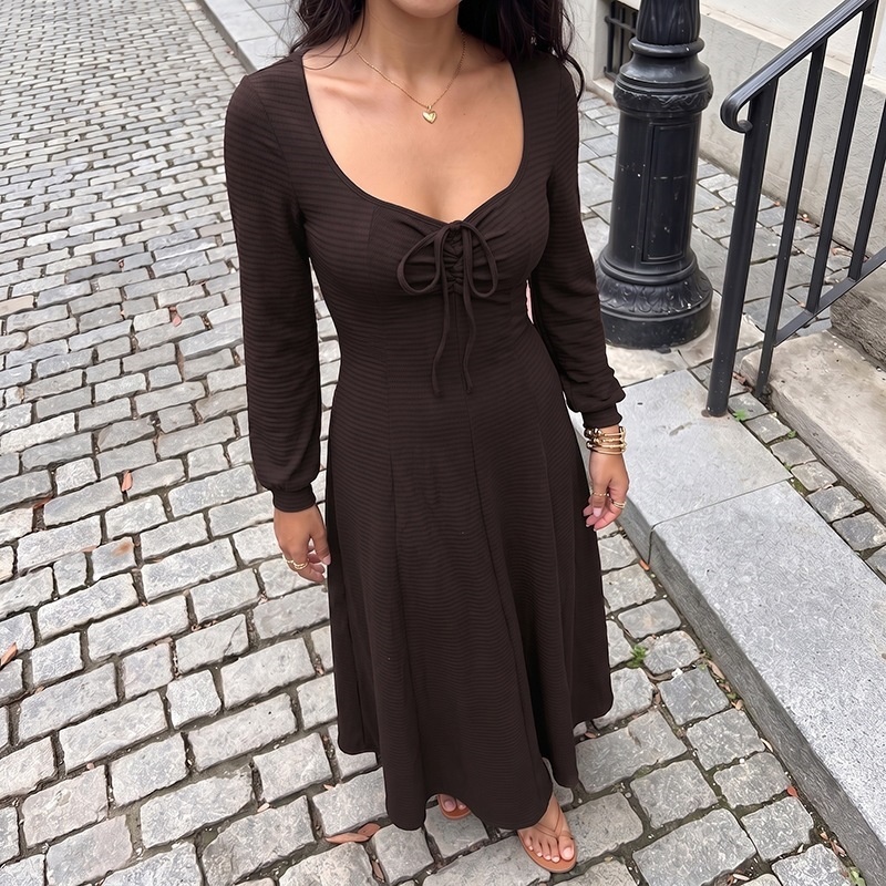 Lace-Up Long Sleeve Textured Maxi Dress in Dark Brown