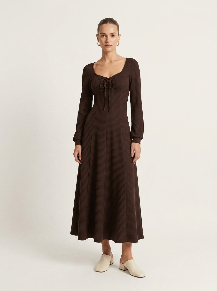 Lace-Up Long Sleeve Textured Maxi Dress in Dark Brown