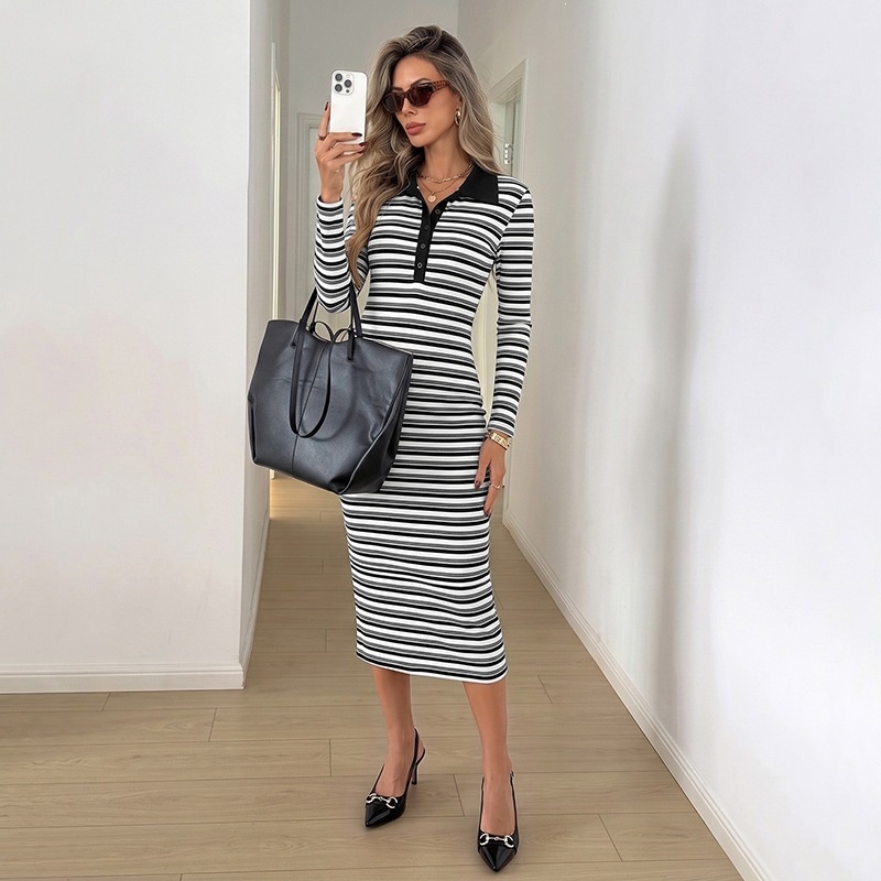 Striped Polo Midi Dress with Long Sleeves
