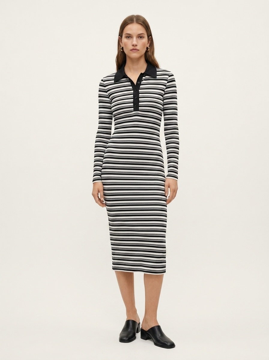 Striped Polo Midi Dress with Long Sleeves