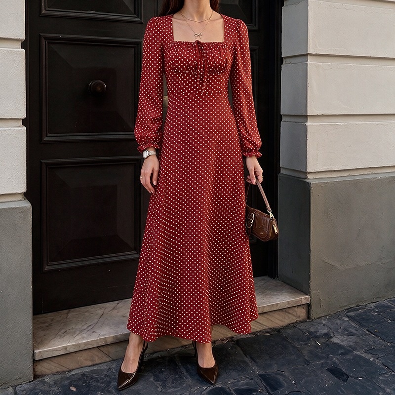 Polka Dot Square Neck Long Sleeve Maxi Dress