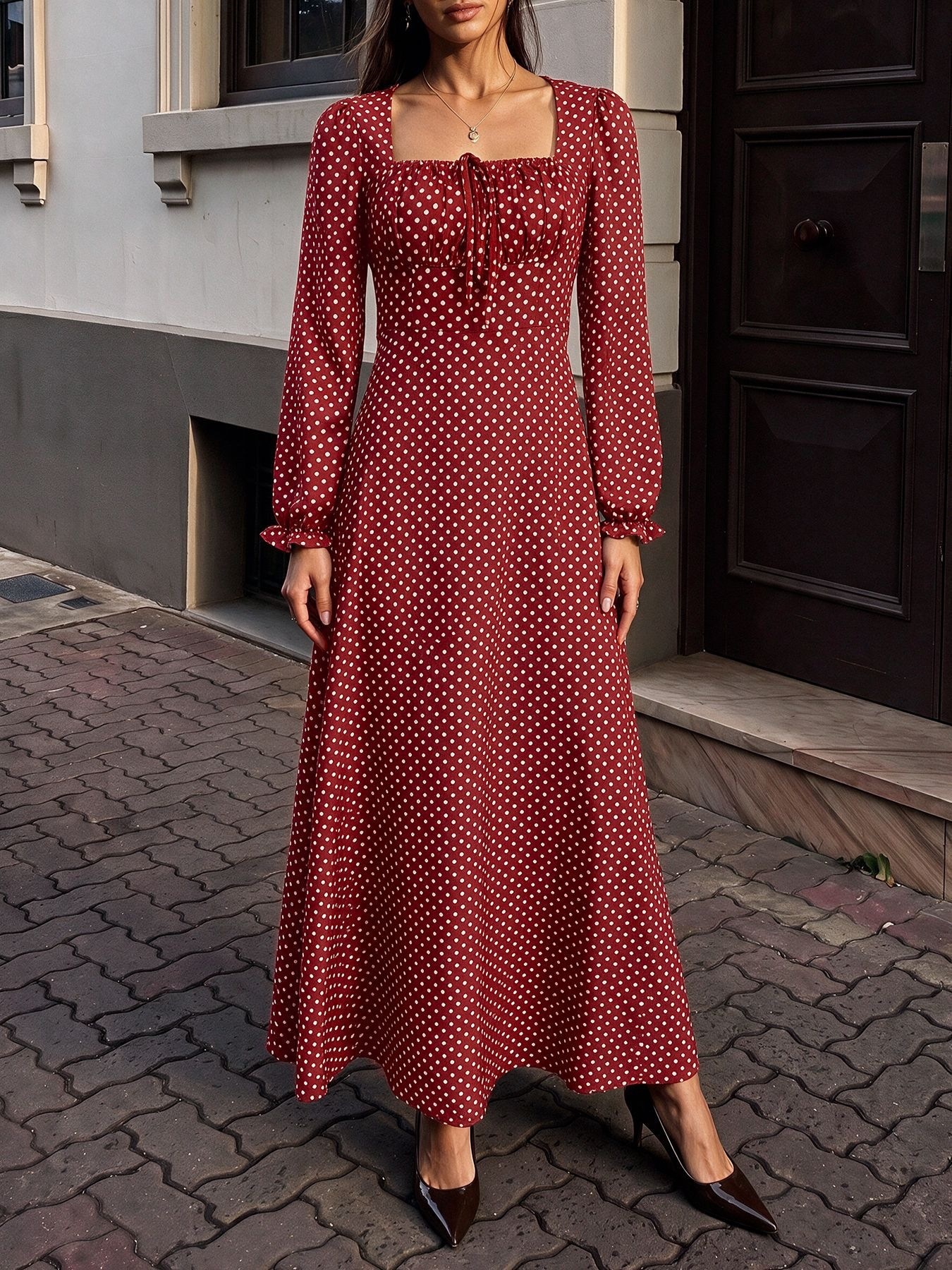 Polka Dot Square Neck Long Sleeve Maxi Dress