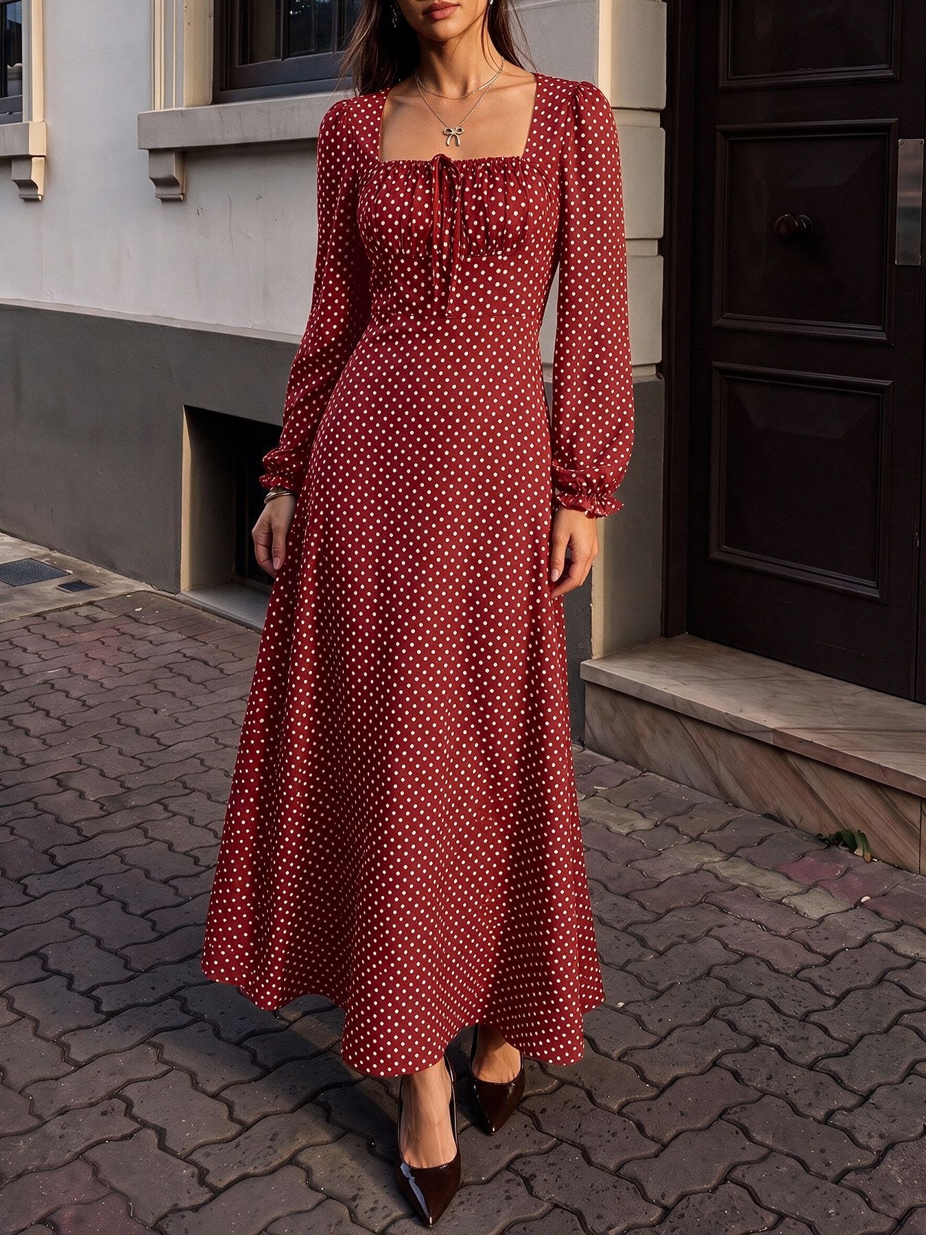 Polka Dot Square Neck Long Sleeve Maxi Dress