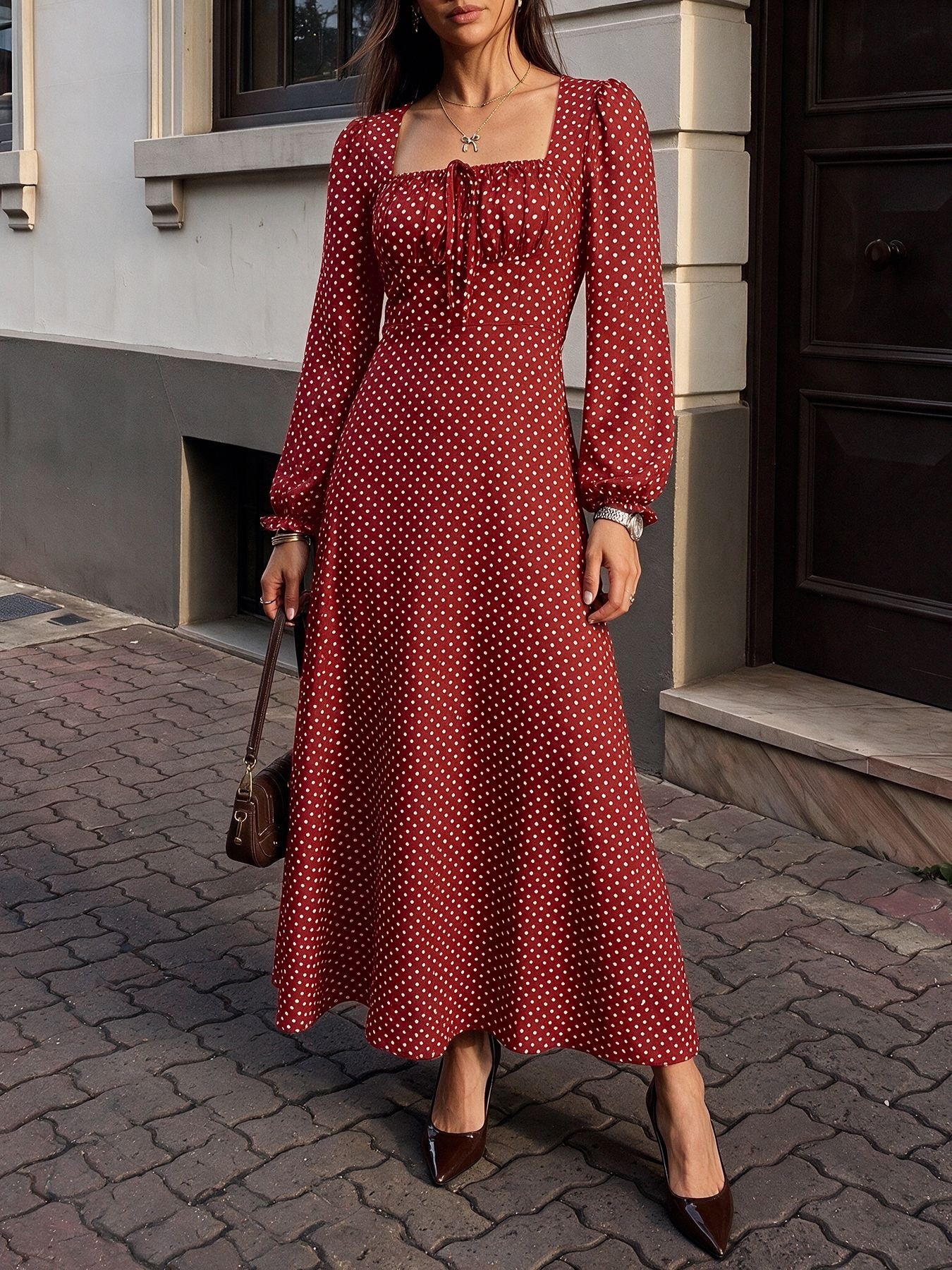 Polka Dot Square Neck Long Sleeve Maxi Dress