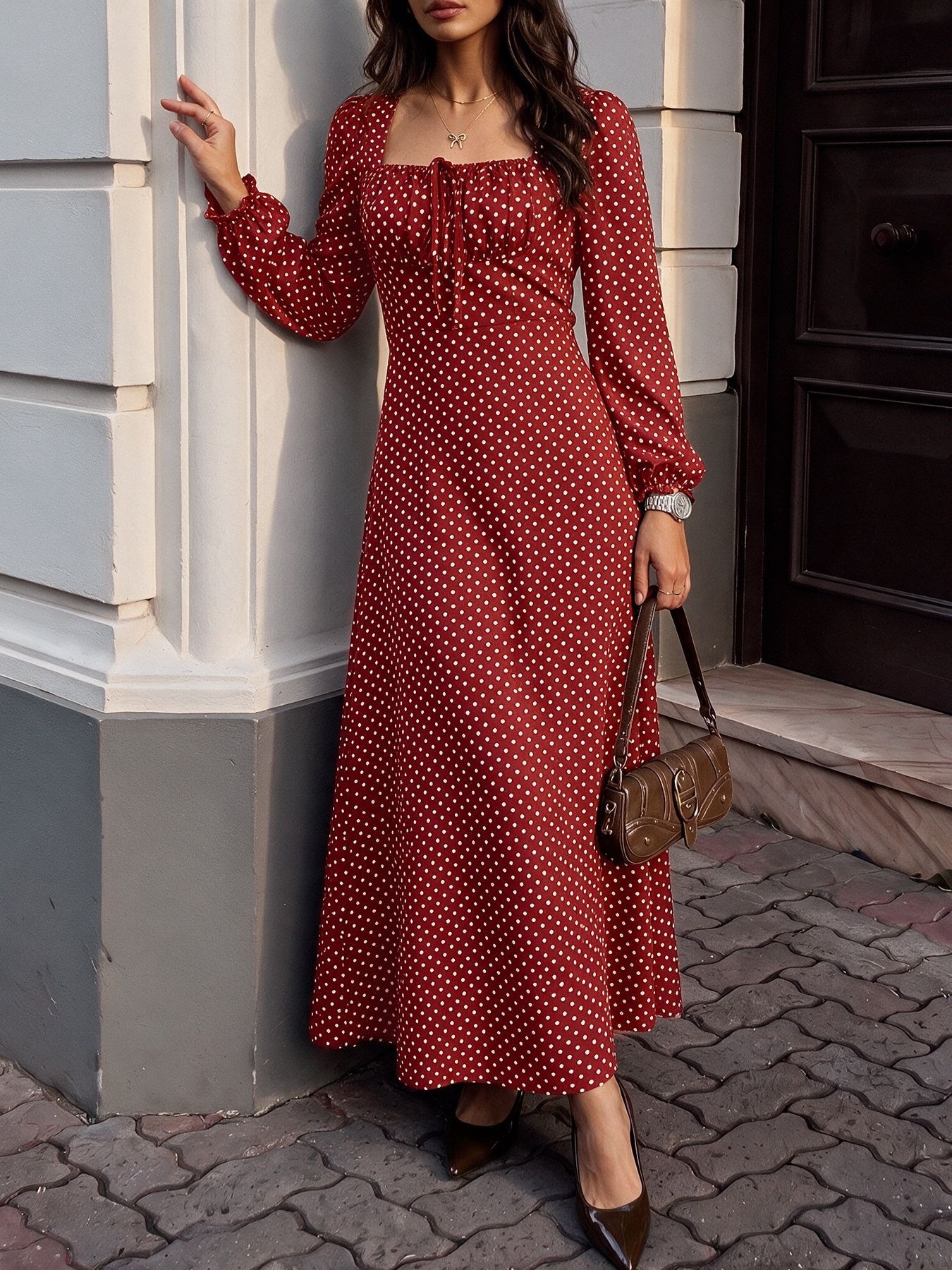 Polka Dot Square Neck Long Sleeve Maxi Dress