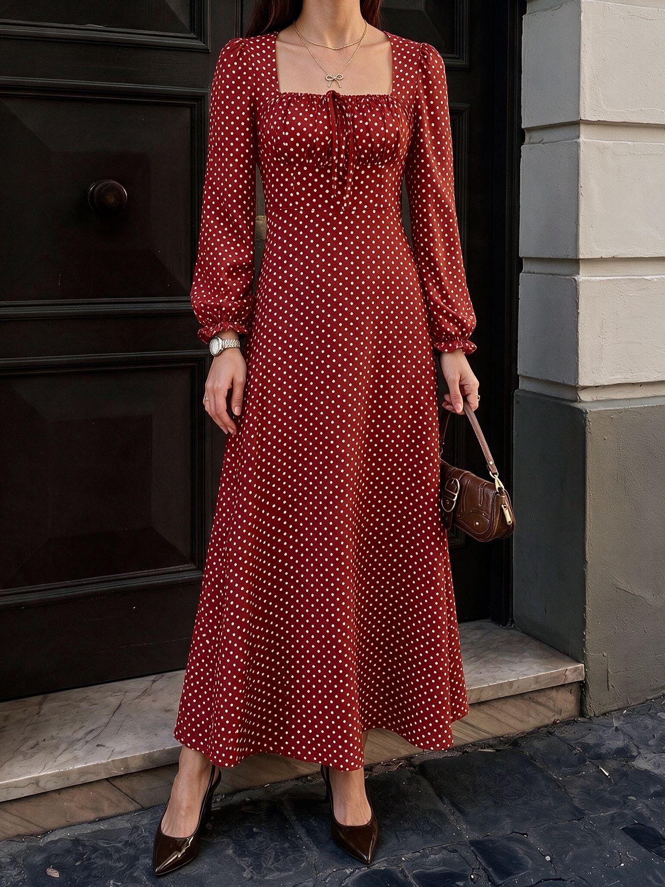 Polka Dot Square Neck Long Sleeve Maxi Dress