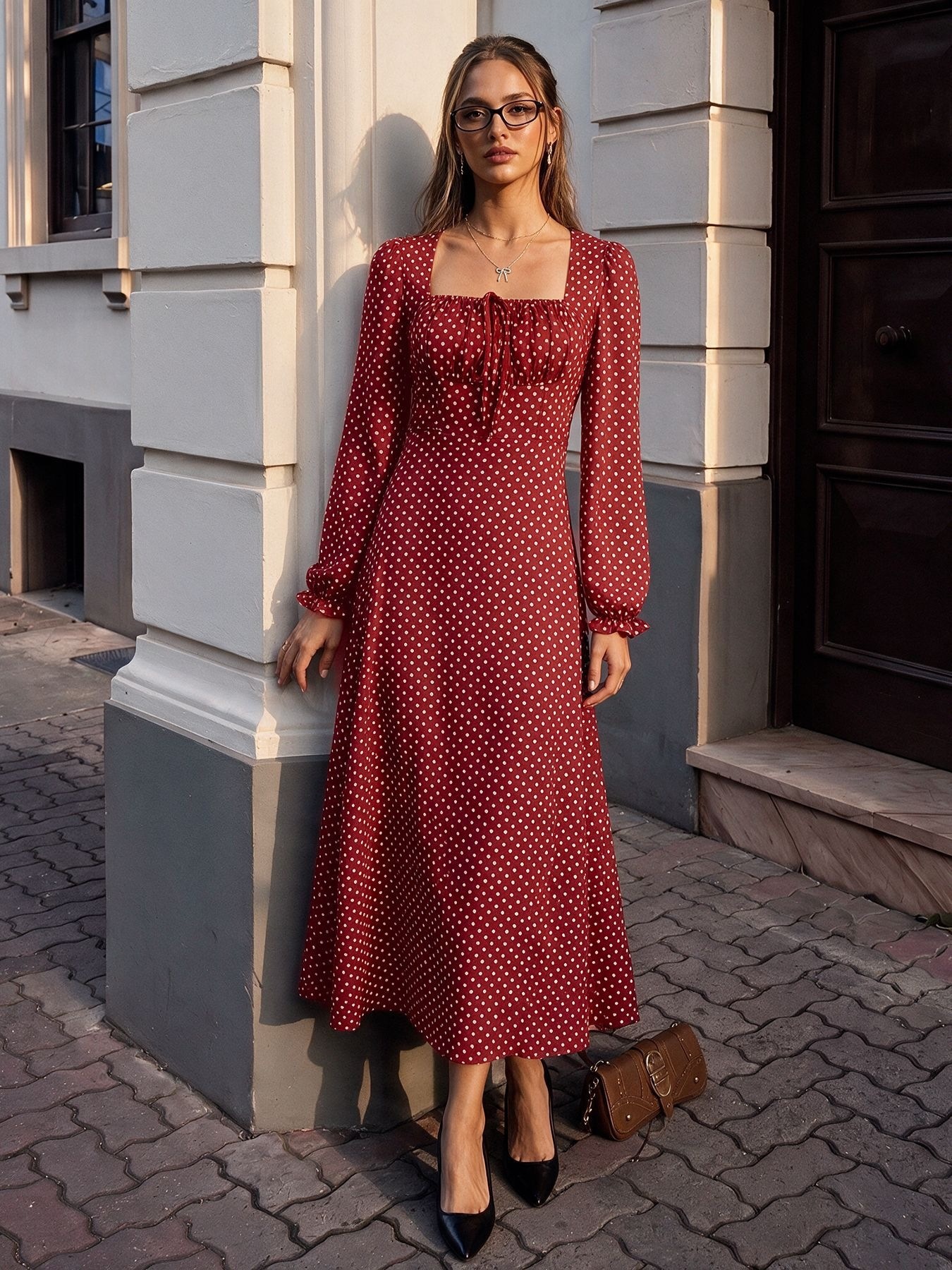 Polka Dot Square Neck Long Sleeve Maxi Dress