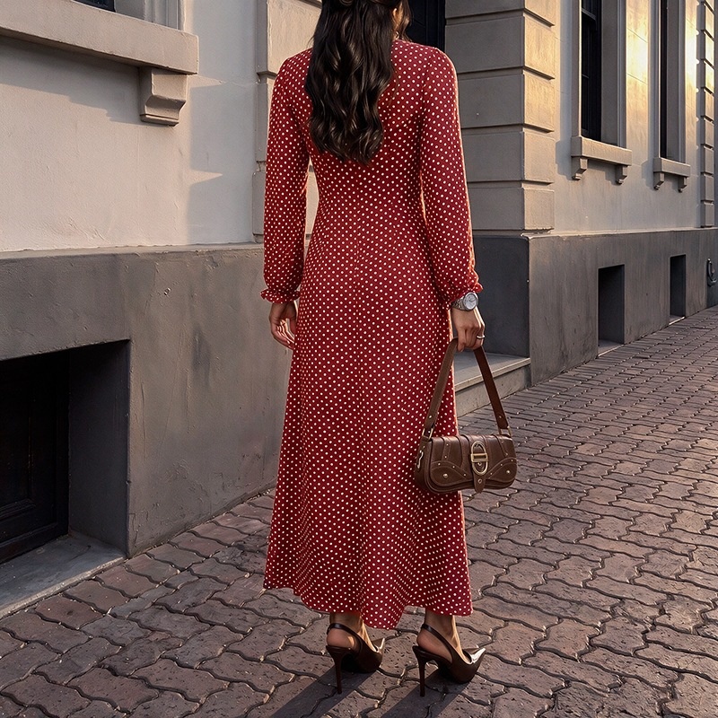 Polka Dot Square Neck Long Sleeve Maxi Dress
