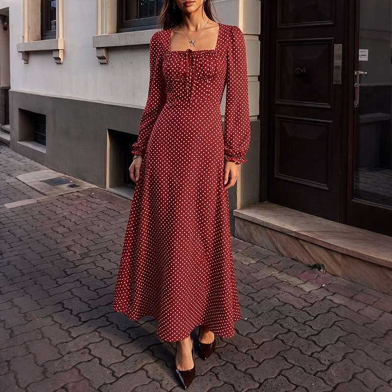 Polka Dot Square Neck Long Sleeve Maxi Dress