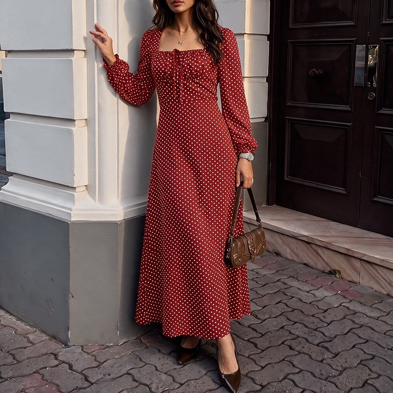 Polka Dot Square Neck Long Sleeve Maxi Dress
