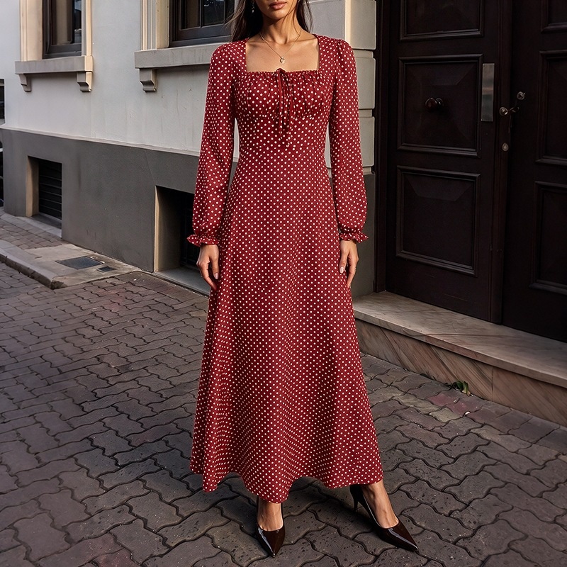 Polka Dot Square Neck Long Sleeve Maxi Dress