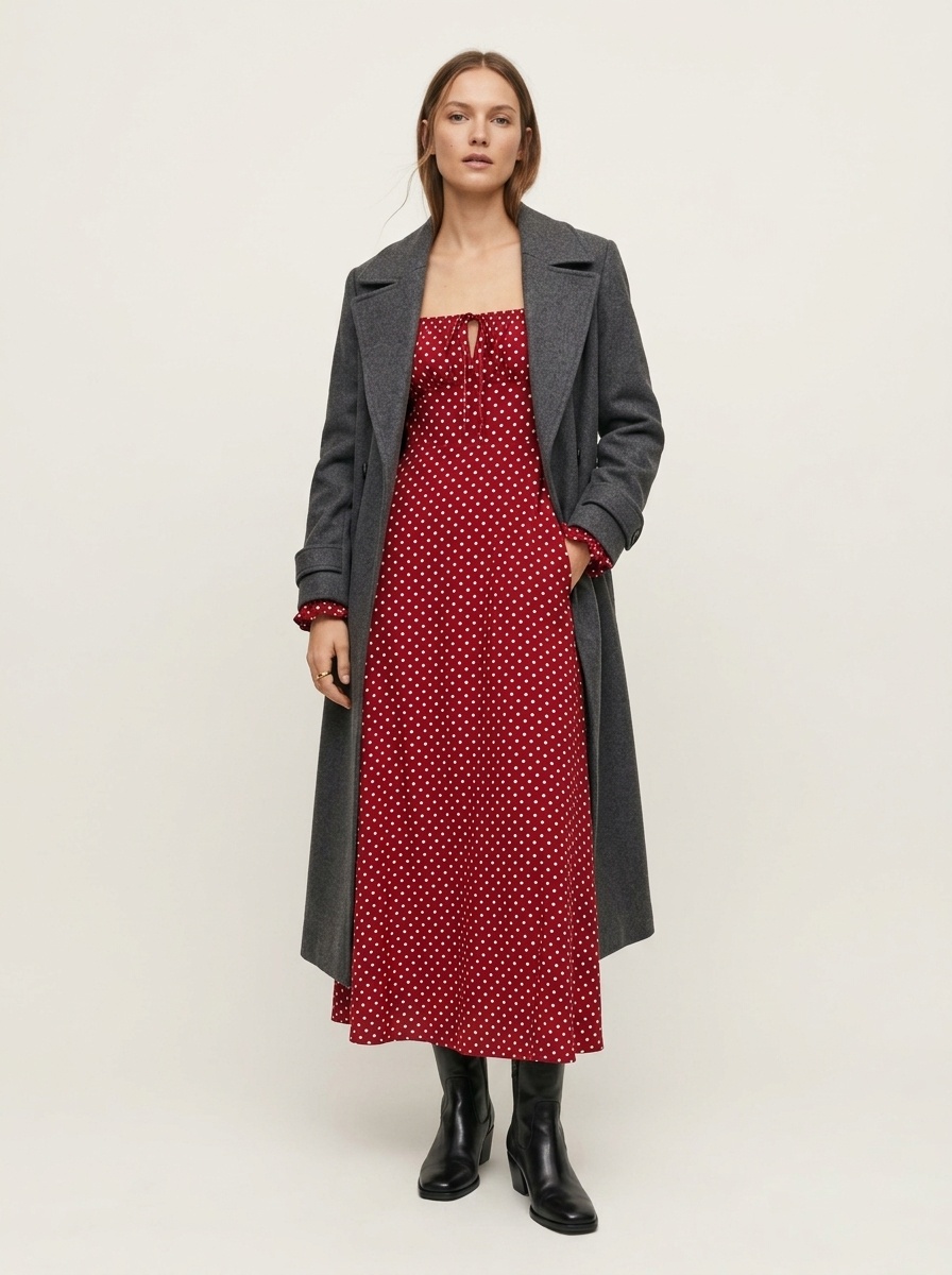 Polka Dot Square Neck Long Sleeve Maxi Dress