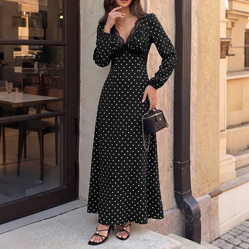 Black Polka Dot Lace V-Neck Long Sleeve Maxi Dress