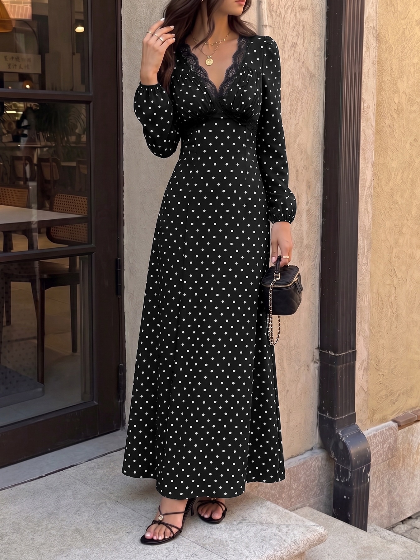 Black Polka Dot Lace V-Neck Long Sleeve Maxi Dress