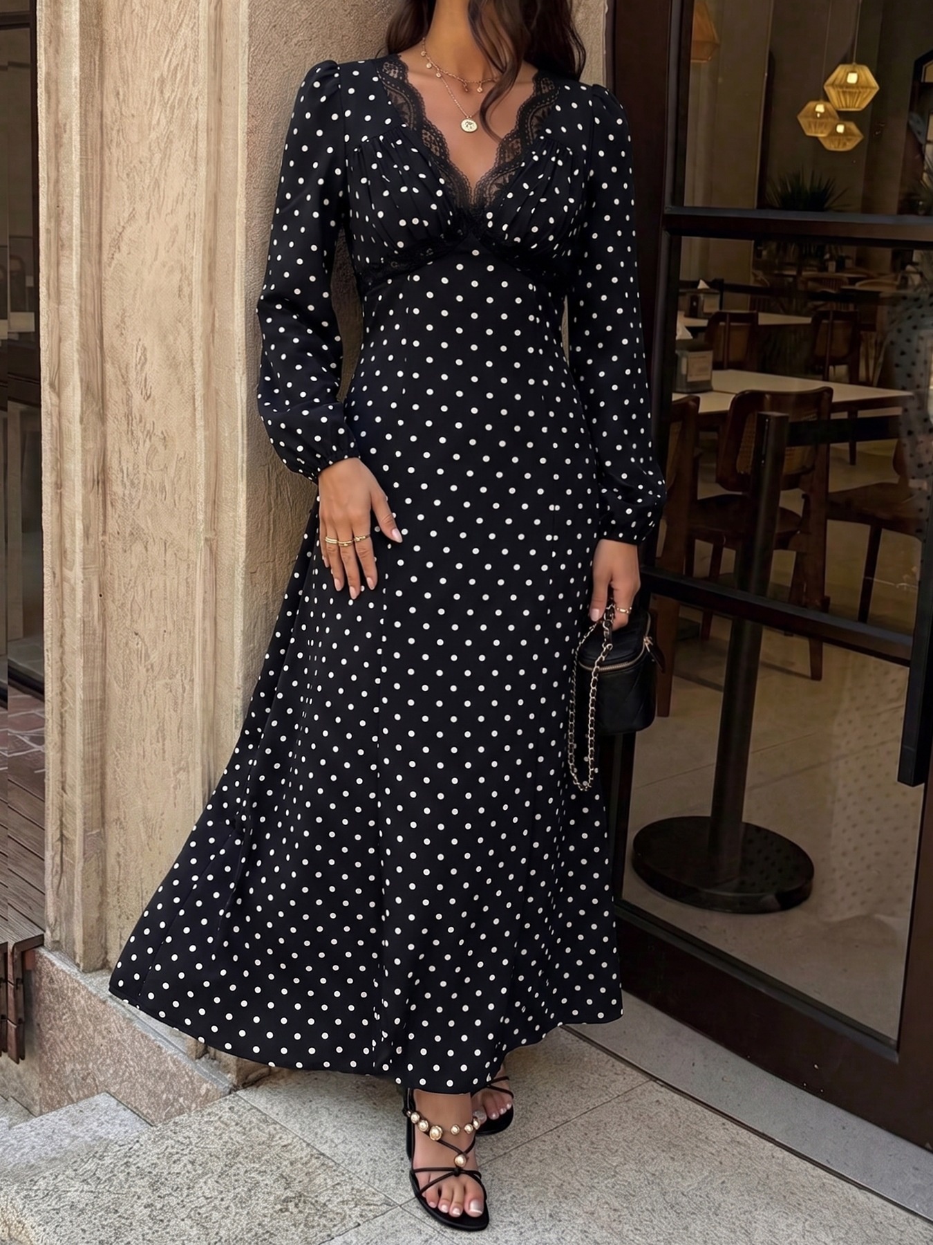 Black Polka Dot Lace V-Neck Long Sleeve Maxi Dress