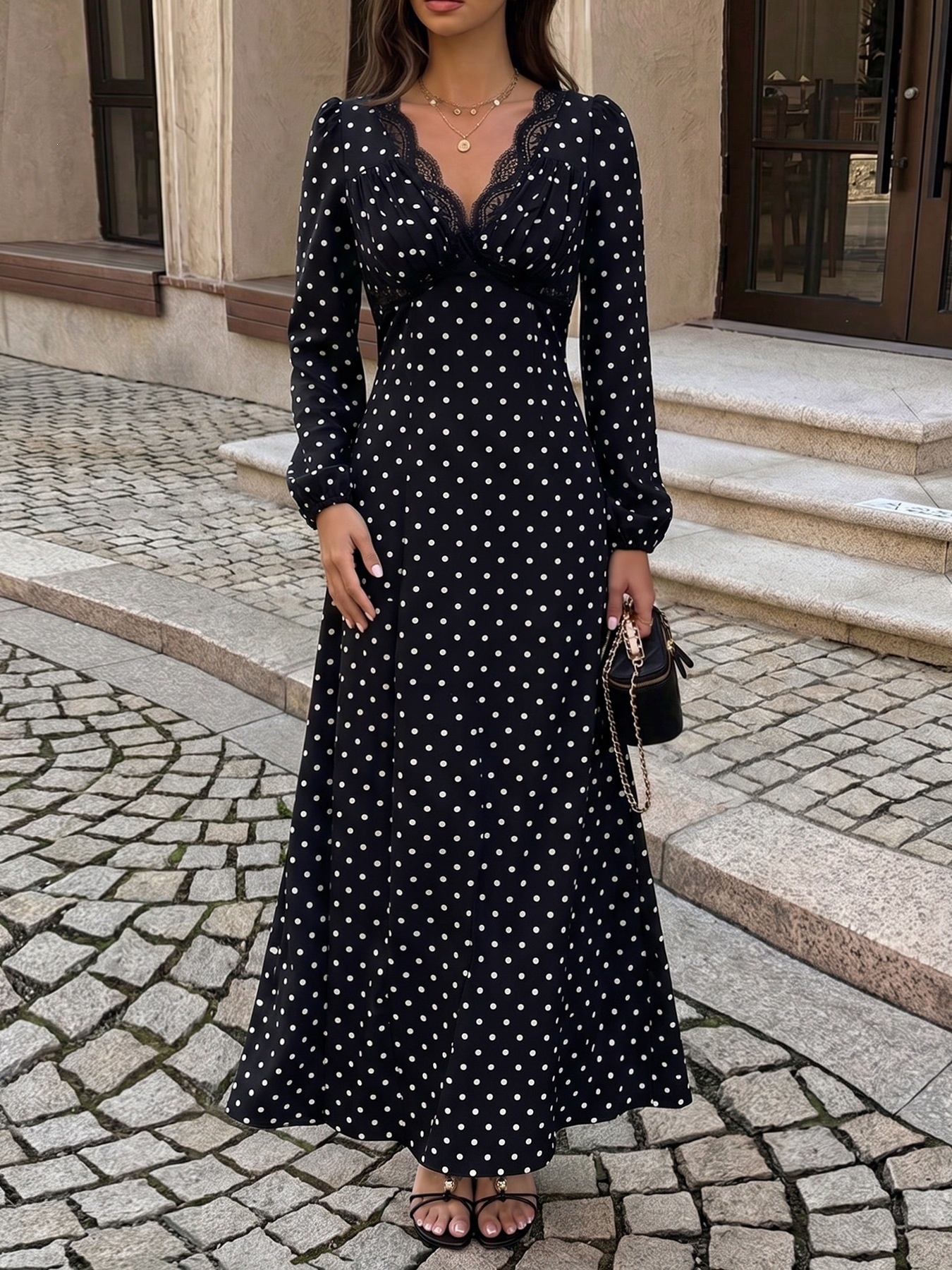 Black Polka Dot Lace V-Neck Long Sleeve Maxi Dress
