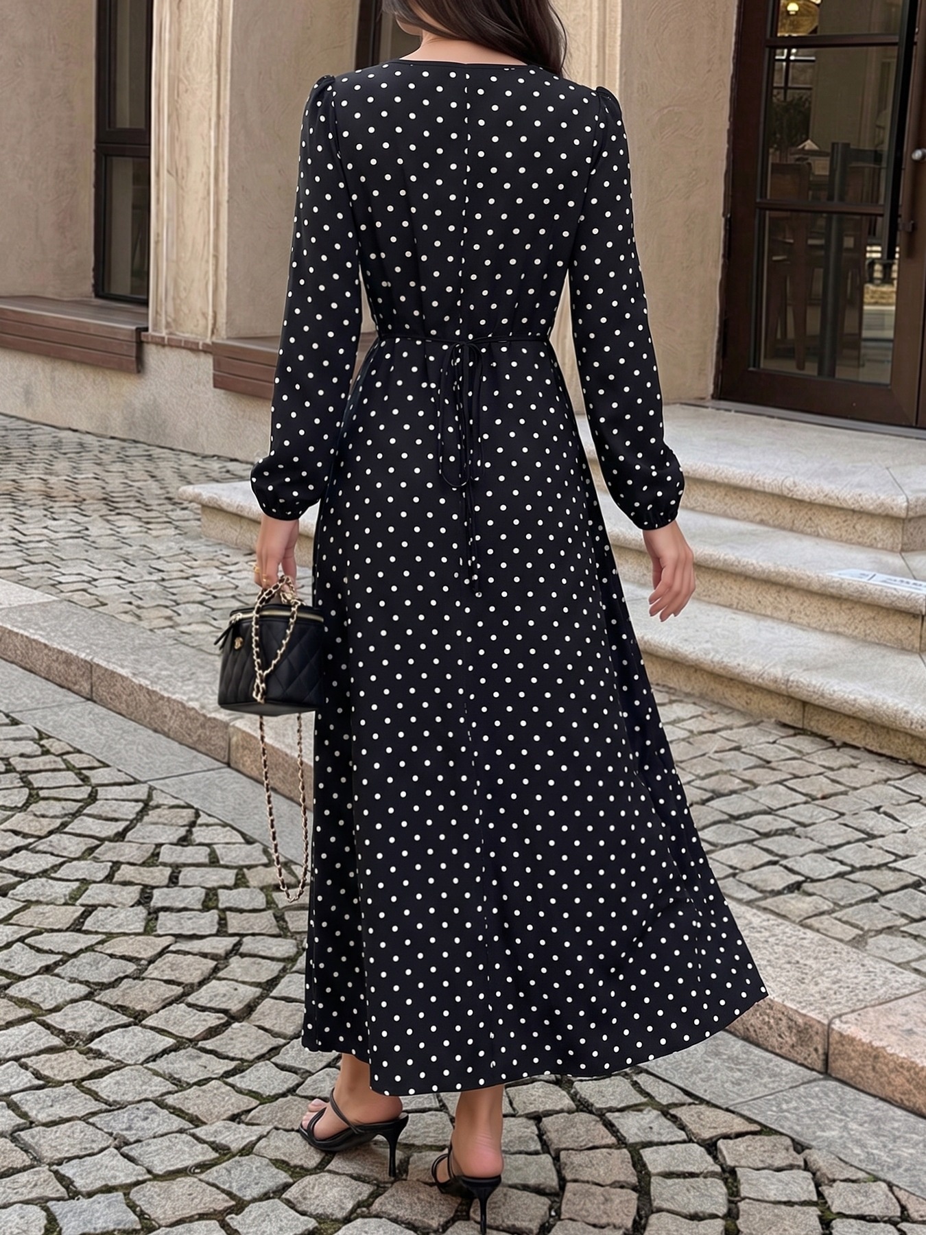 Black Polka Dot Lace V-Neck Long Sleeve Maxi Dress