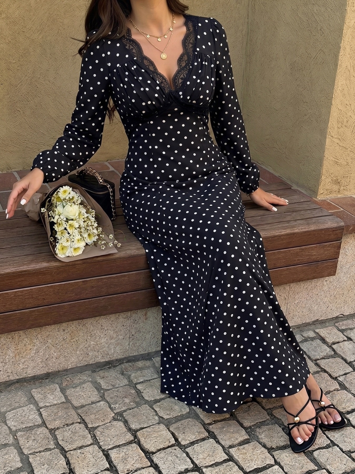 Black Polka Dot Lace V-Neck Long Sleeve Maxi Dress