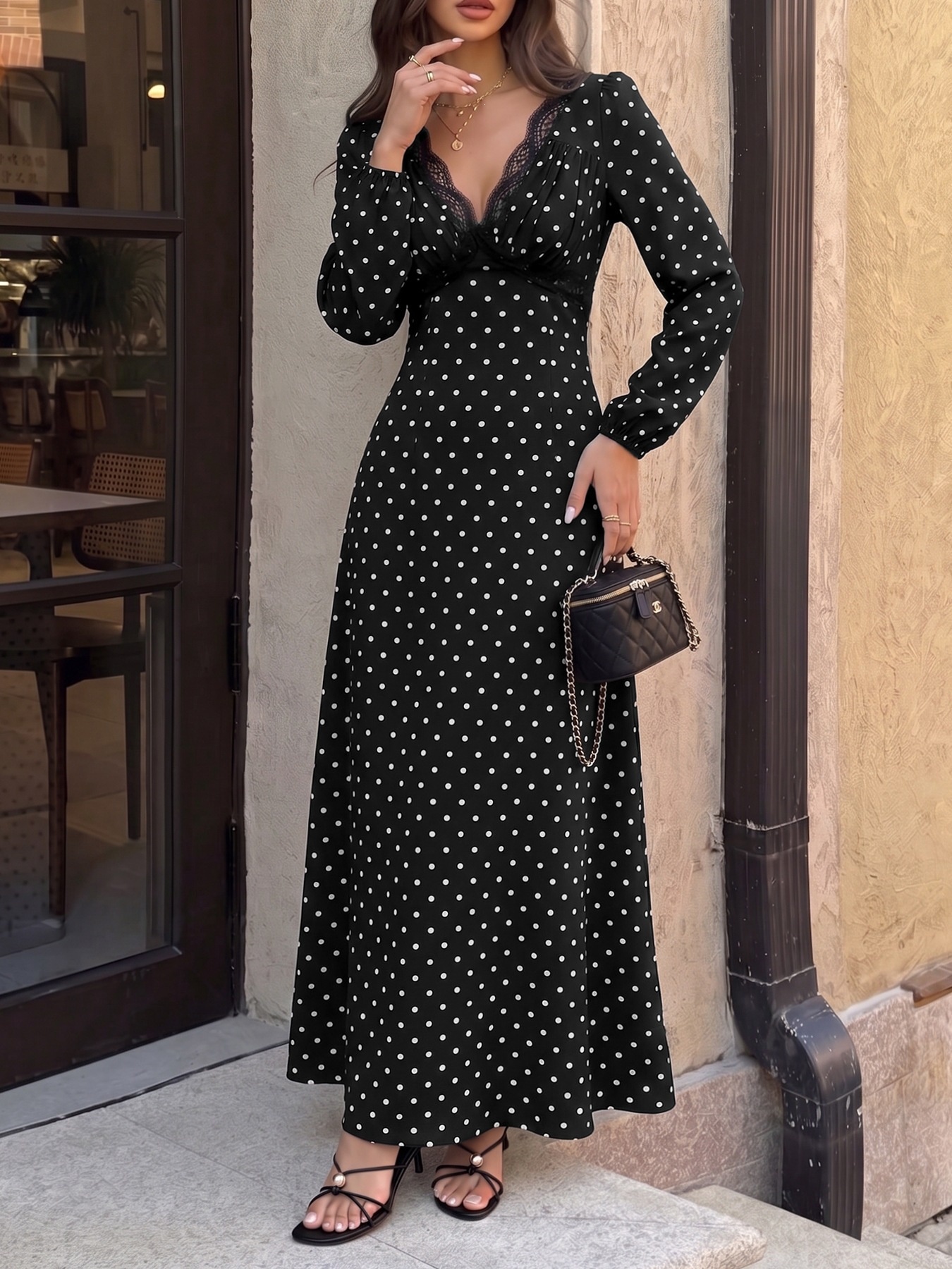 Black Polka Dot Lace V-Neck Long Sleeve Maxi Dress
