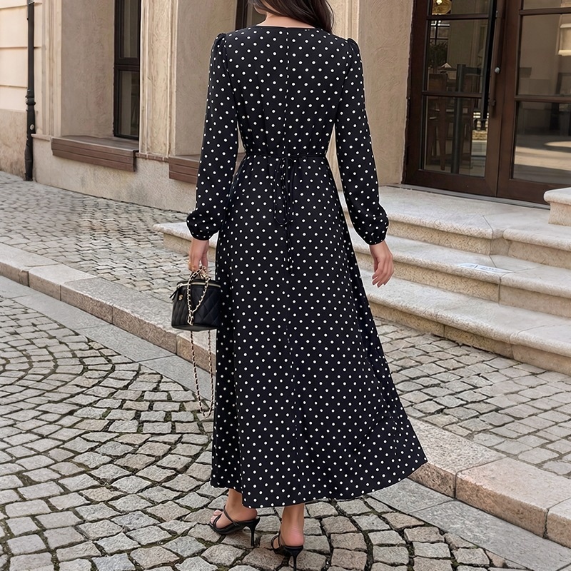Black Polka Dot Lace V-Neck Long Sleeve Maxi Dress