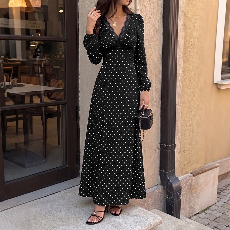 Black Polka Dot Lace V-Neck Long Sleeve Maxi Dress