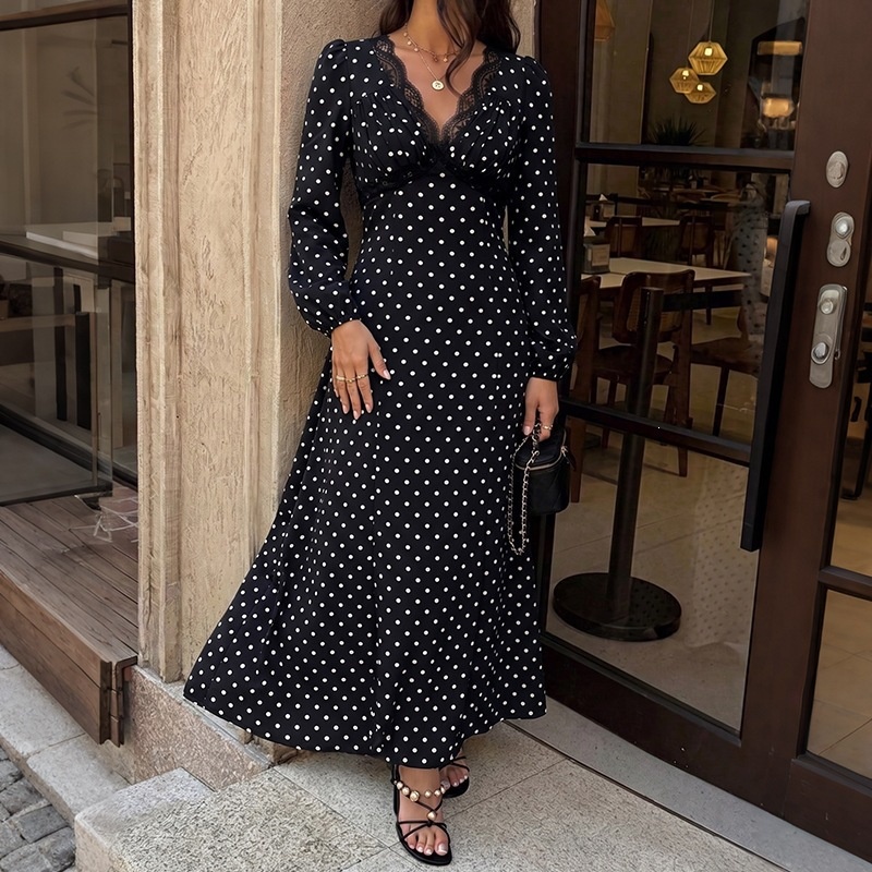 Black Polka Dot Lace V-Neck Long Sleeve Maxi Dress