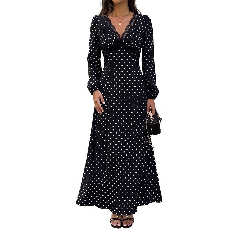 Black Polka Dot Lace V-Neck Long Sleeve Maxi Dress