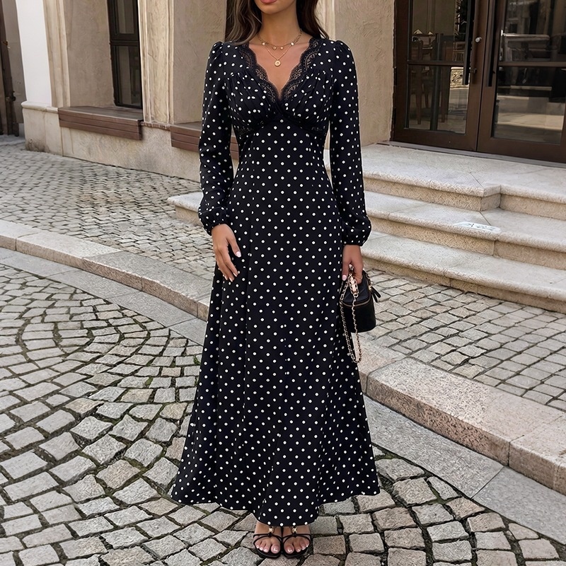 Black Polka Dot Lace V-Neck Long Sleeve Maxi Dress